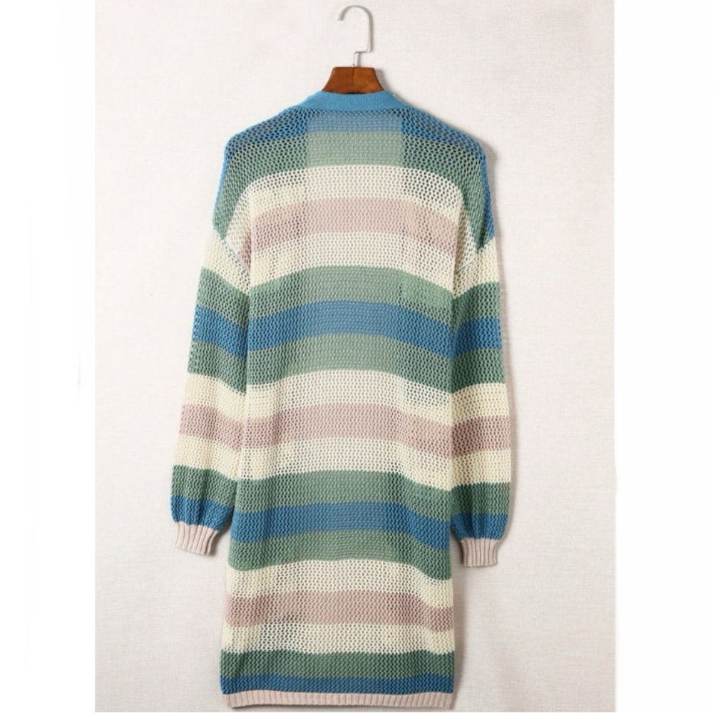 Green Striped Hollowed Knit Cardigan - Picture 8 of 10